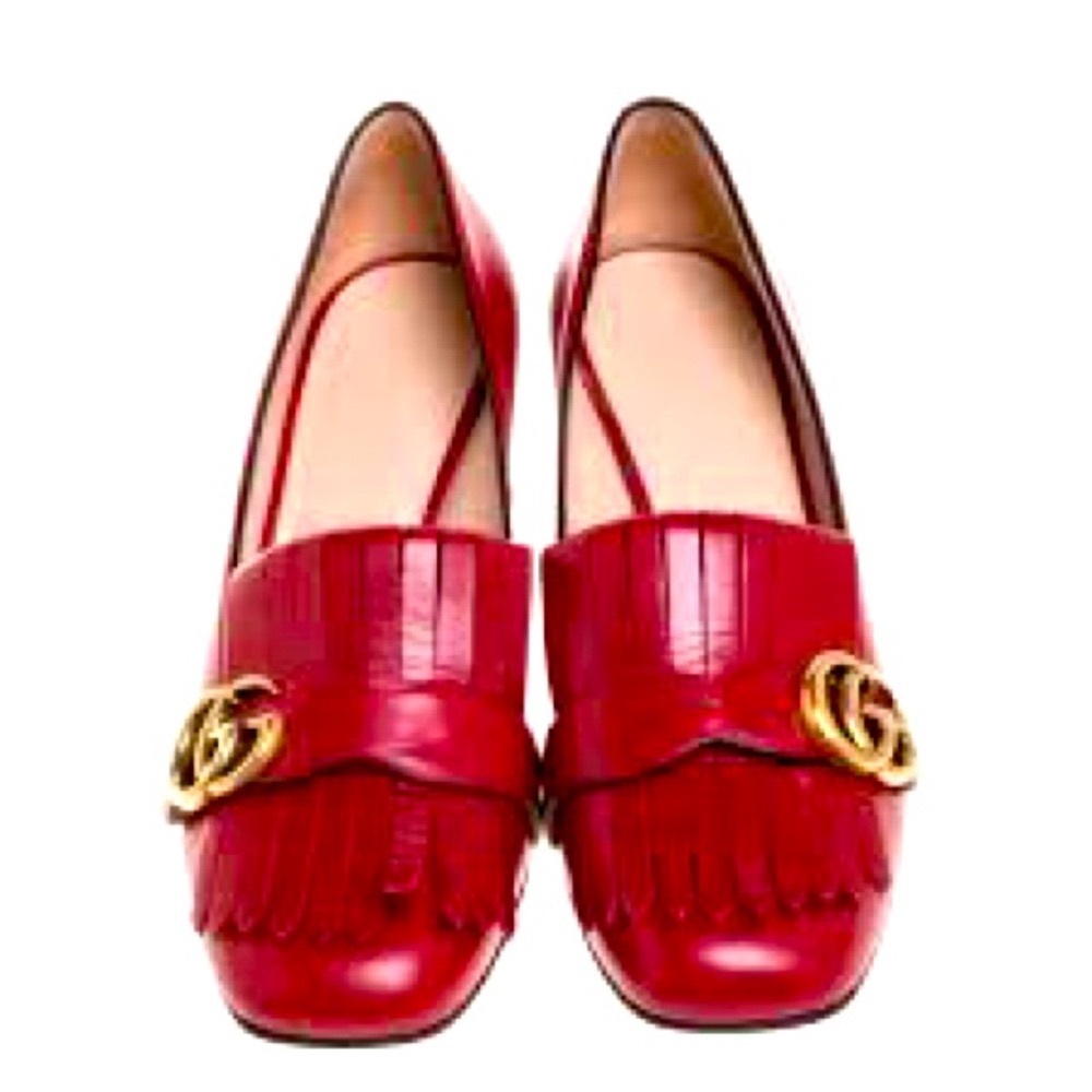 Gucci Marmot Mid-Heel Fringe Loafers in Red